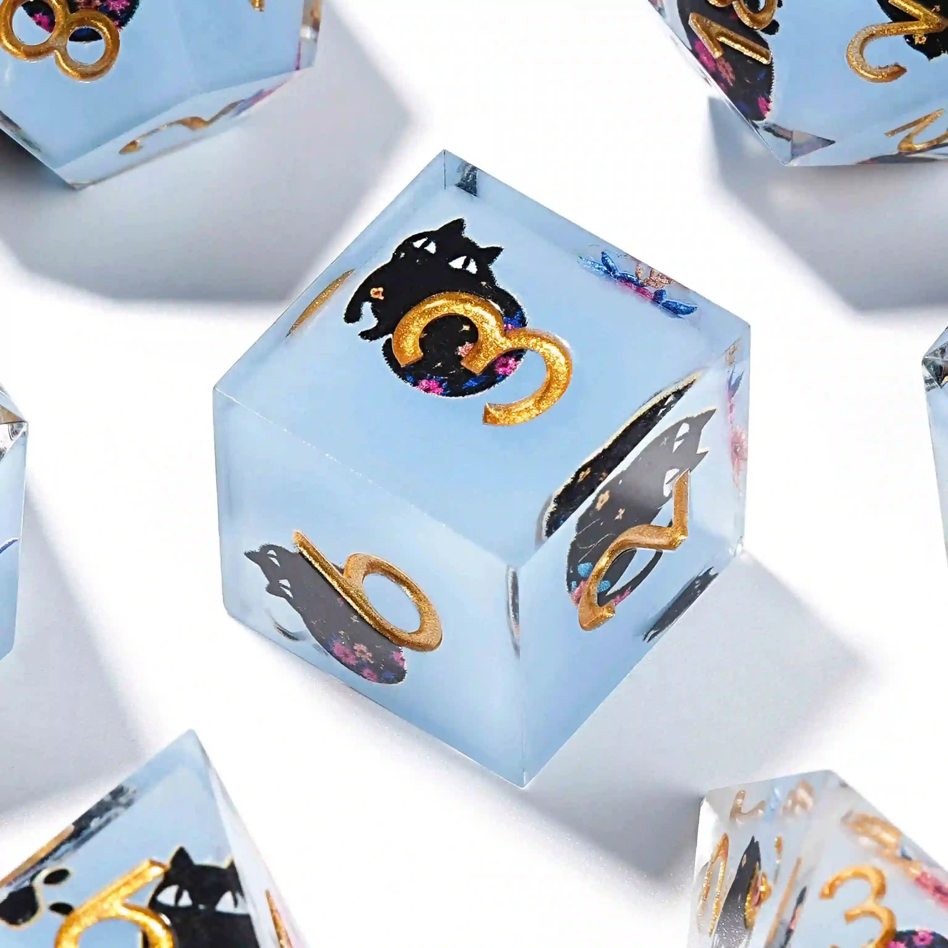 

1-7Pcs Black Cat Resin Dice Kitten Dice Set D6~D20 Multi-sided Polyhedral Blue Dice for D&D Game COC Role Playing RPG Table