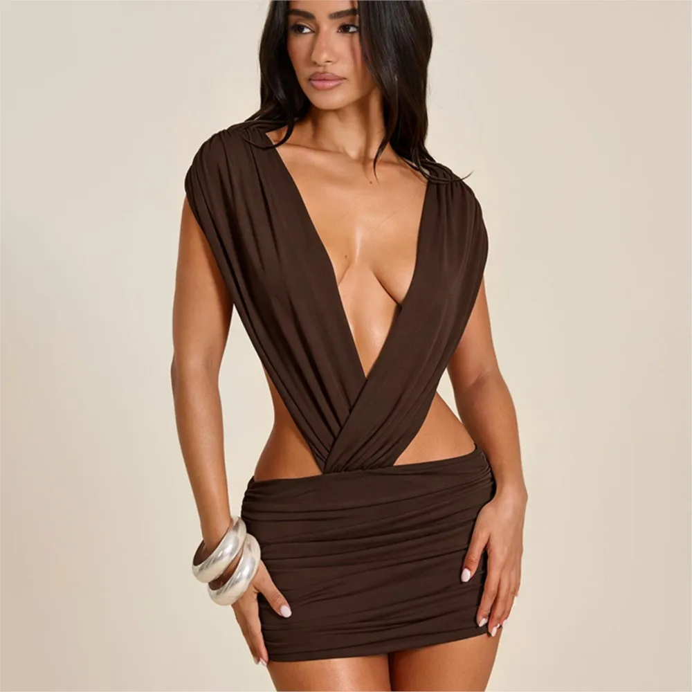 Robe Courte Sexy Femme Col V Profond Moulante pour Soirée et Club, avec Découpes à la Taille et Fronces, Sans Manches et Dos Nu