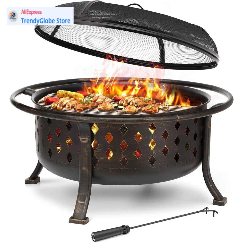 

36 Inch Outdoor Bronze Crossweave Wood Burning Fire Pit - Heavy Duty Steel Bonfire Pit for Patio