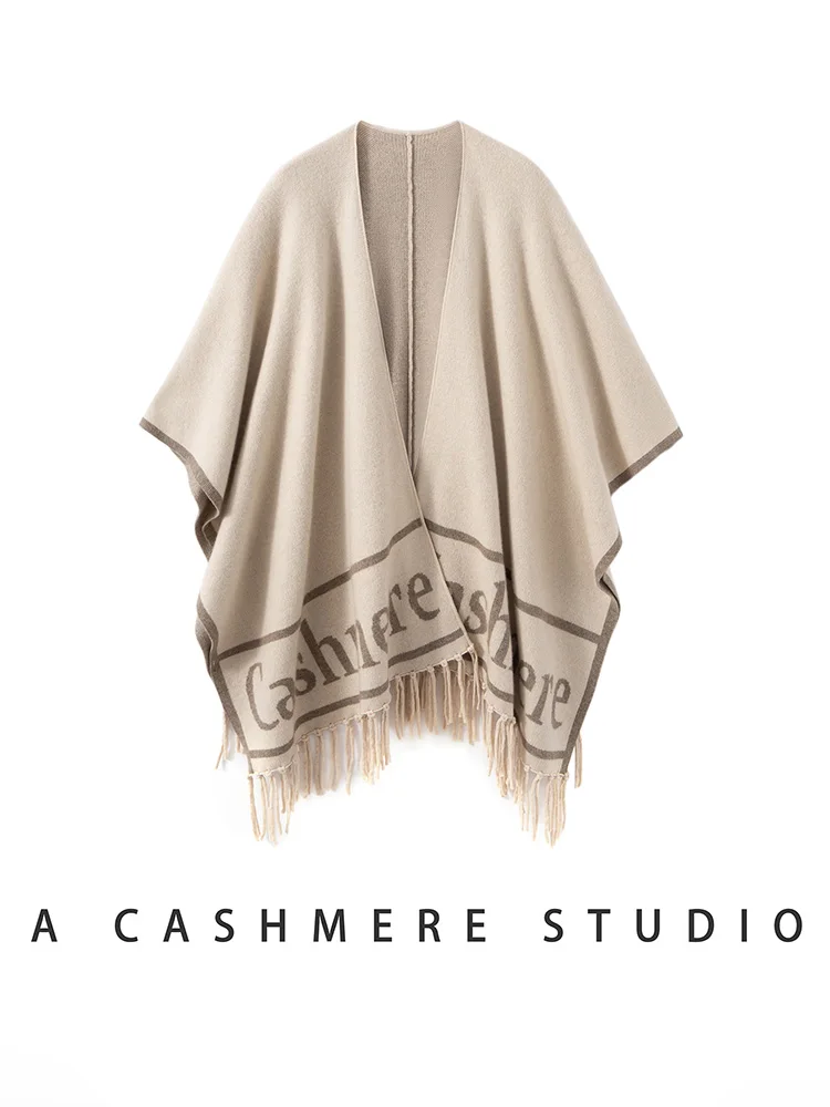 

New Luxury Women's 100%Cashmere Sweater Tassel Poncho Shawl Cashmere Thick Soft Warm Letter Wrap Autumn Winter Cashmere Knitwear
