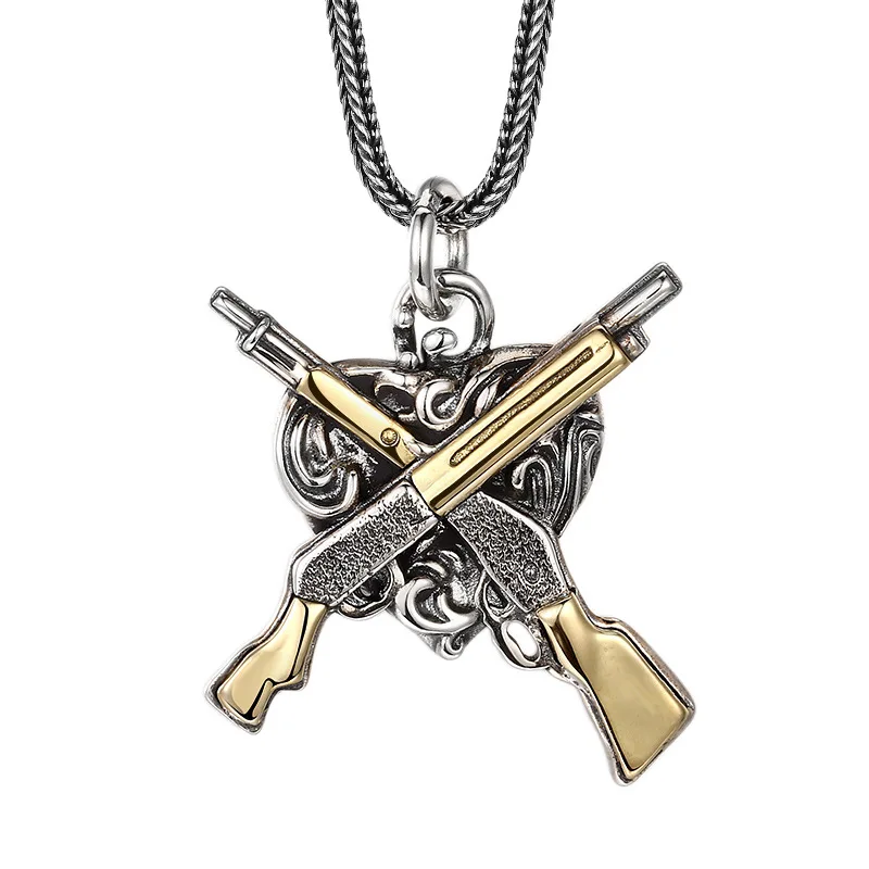 925 Sterling Silver Gun Crossed Heart Pendant - Antique Finish Hip Hop Gothic Punk Jewelry Gift