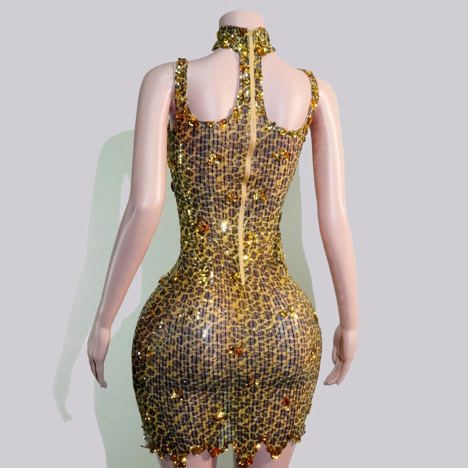 Glitter Golden Sequin Leopard Print Crystal Dress Elegante Stage Clothes Singer Performance Dance Birthday Drag Queen Costume