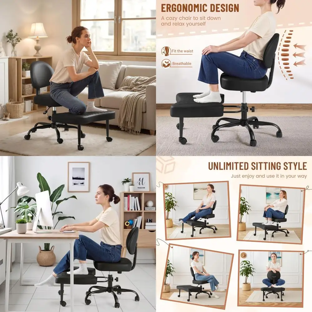 

Swivel Ergonomic Cross-Legged Chair with Adjustable Height, Wheels, Lumbar Support for Meditation and ADHD (Leather, Black)