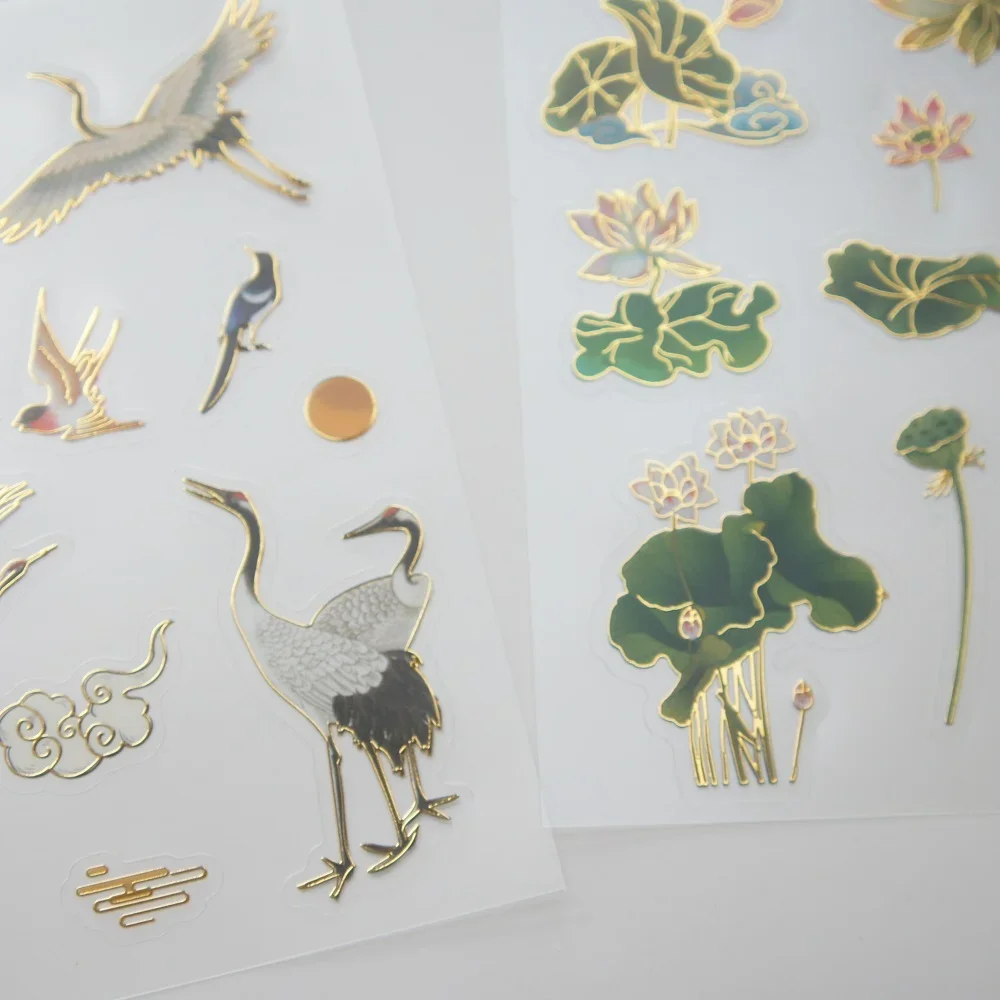 

4 Sheets Gold Chinese Style Courtyard Lotus Leaf Crane Design PVC Sticker Gift Tag Decoration Scrapbooking DIY Sticker