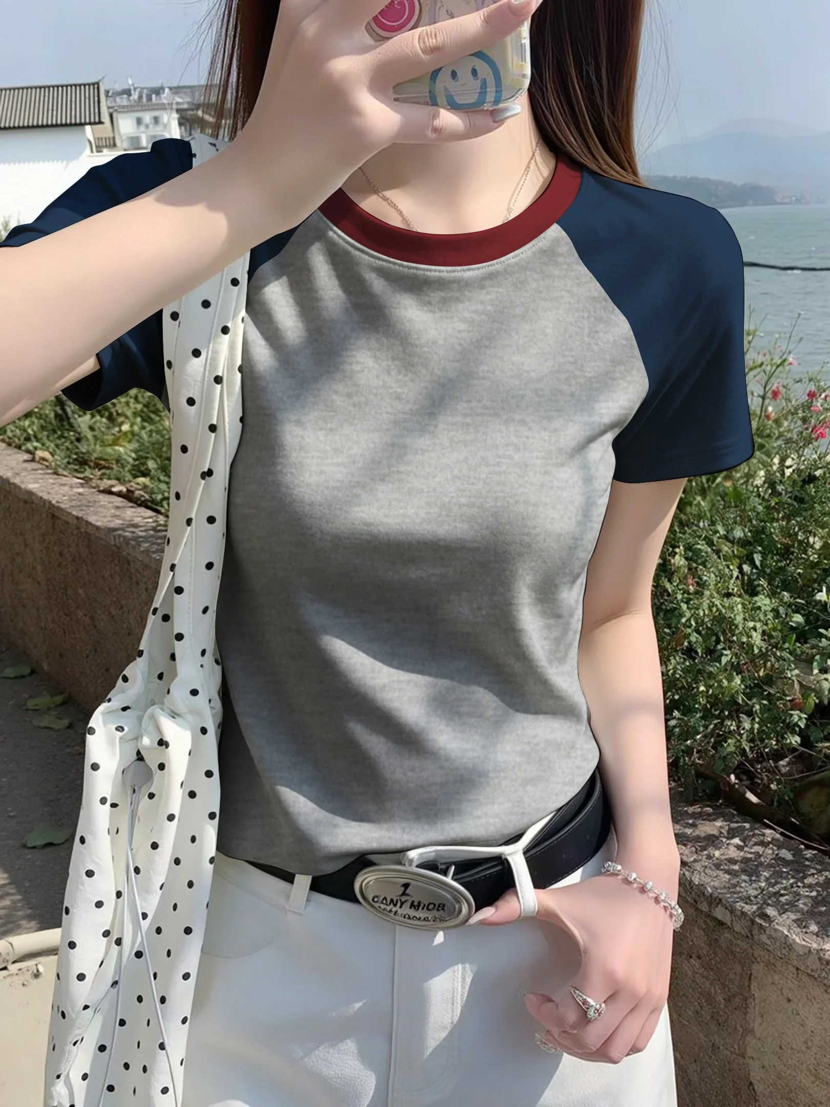 Korean Style Anti-Aging Fun Print Short Sleeve T-Shirt Women Grey Color Block Collar Slimming Commute Versatile Summer Top