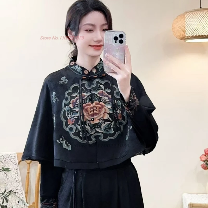 2024 chinese vintage ethnic coat national flower embroidery satin jacquard folk jacket oriental hanfu tops retro shawl cloak