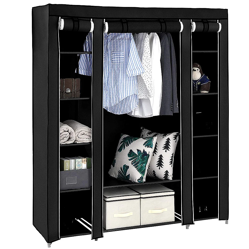 Armario de tela con tapa, 175*150*45cm, 12 compartimentos, estructura metálica, adecuado para dormitorios y vestidores, negro