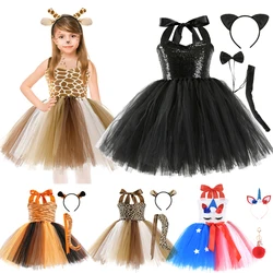 Kids Cartoon TUTU Leopard Dress Halloween Cat Zebra Giraffe Animal Cosplay Costume Birthday Party Christmas Girls Outfit