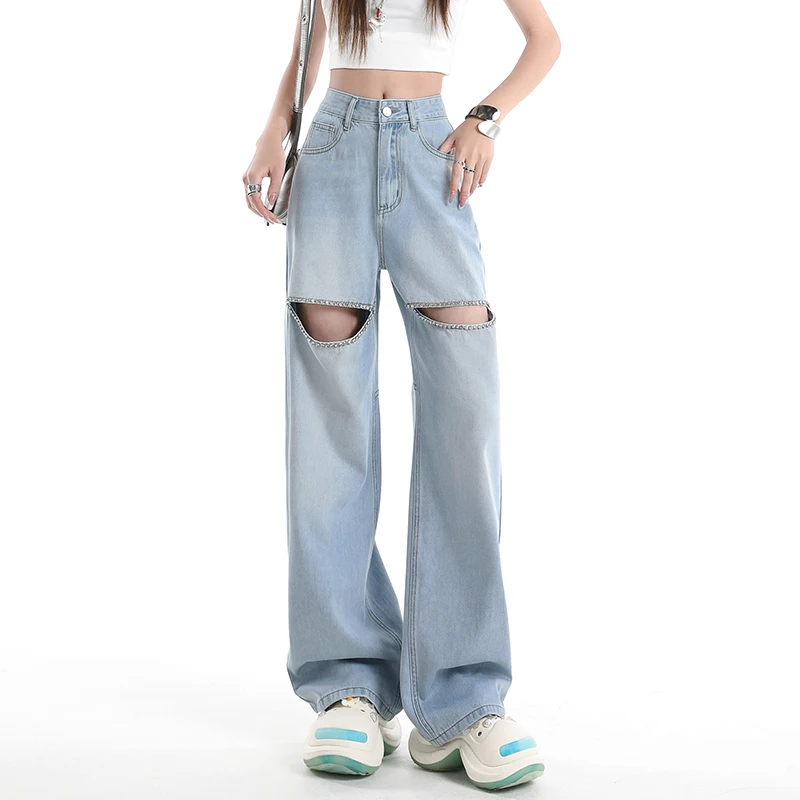 KSTUN 2025 Summer High Waist Wide Leg Jeans For Women Knee Broken Hole Hotfix Rhinestone Streetwear Straight Cut Jeans Trendy