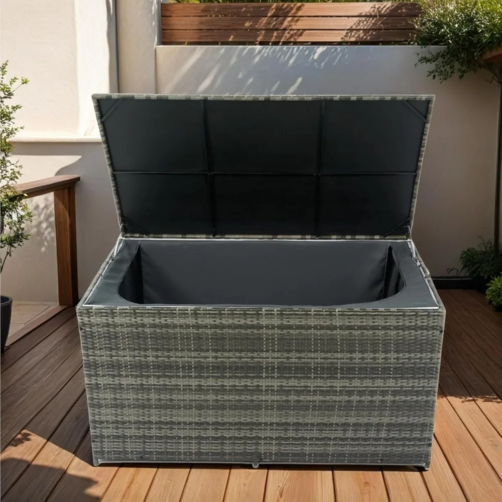 Cajas de cubierta de 200 galones, caja de almacenamiento exterior, ratán, resistente al agua, para muebles de jardín, accesorios de piscina, gris