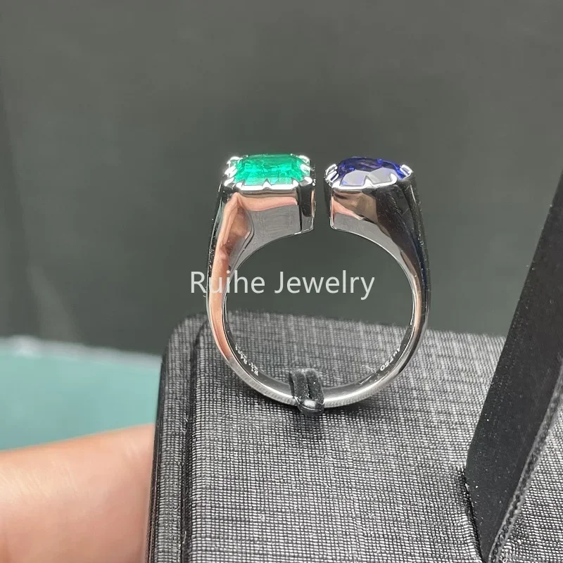 Ruihe New 18k White Gold Lab Grown Emerald with Heart Sapphire Ring Fashion Jewelry Women Couple Christmas Gifts Mens Rings