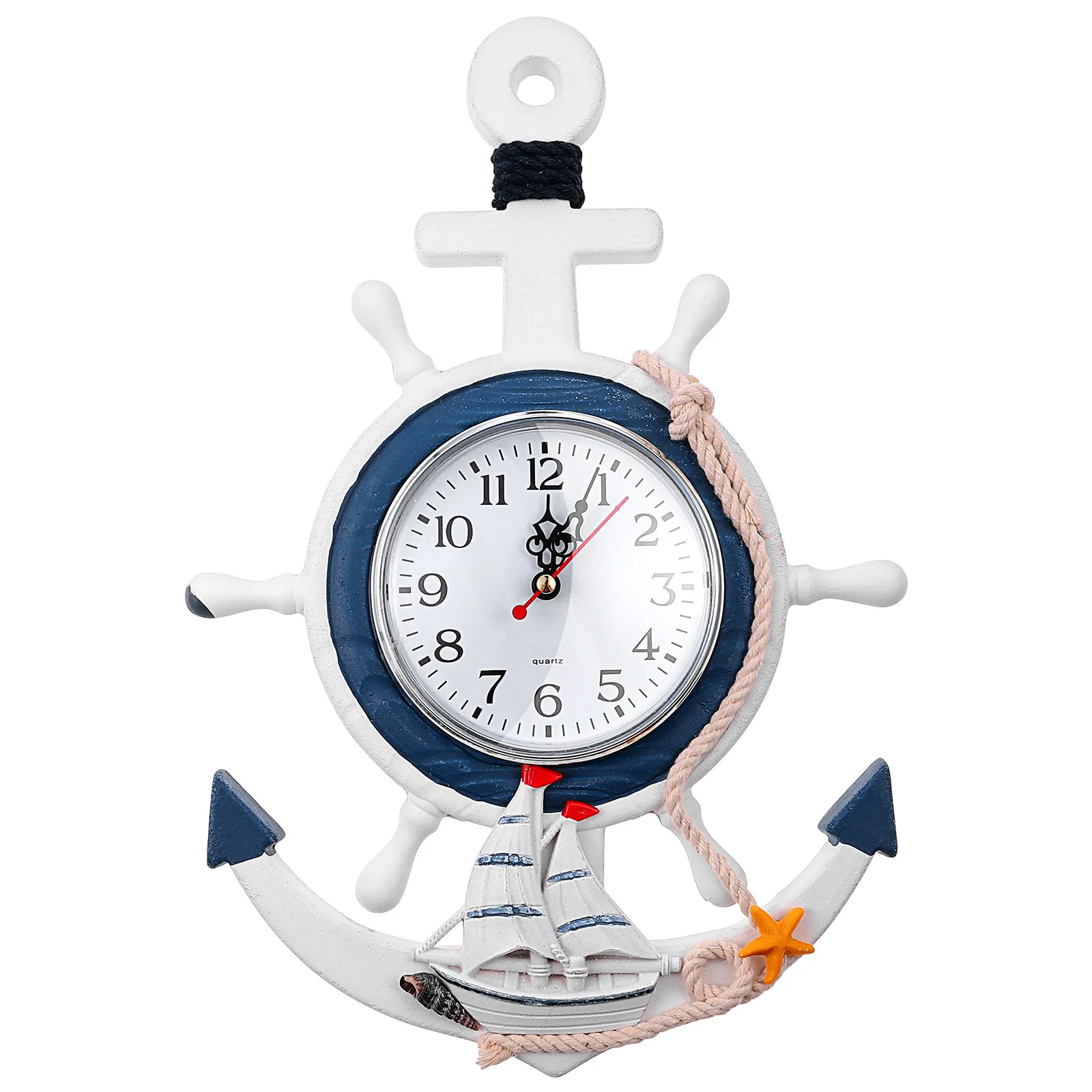 Mediterranean Style Nautical Hanging Wall Clock with Anchor and Ship Wheel Design Premium Wood Silent Accurate Decor for Living