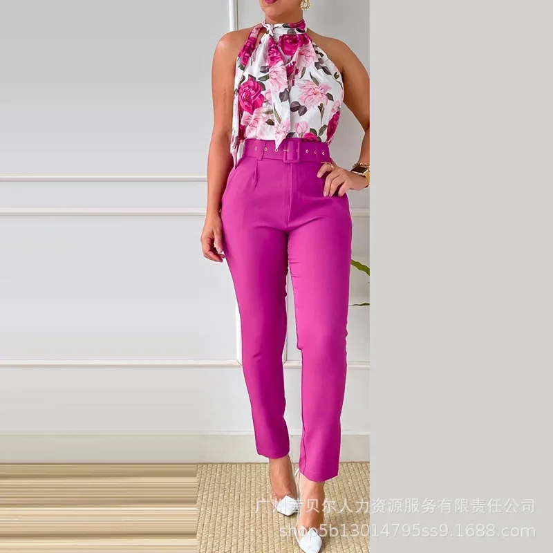 Camiseta sin mangas con estampado Floral y pantalones de cintura alta para mujer, conjunto de dos piezas con cinturón, Halter Top corto con lazo,