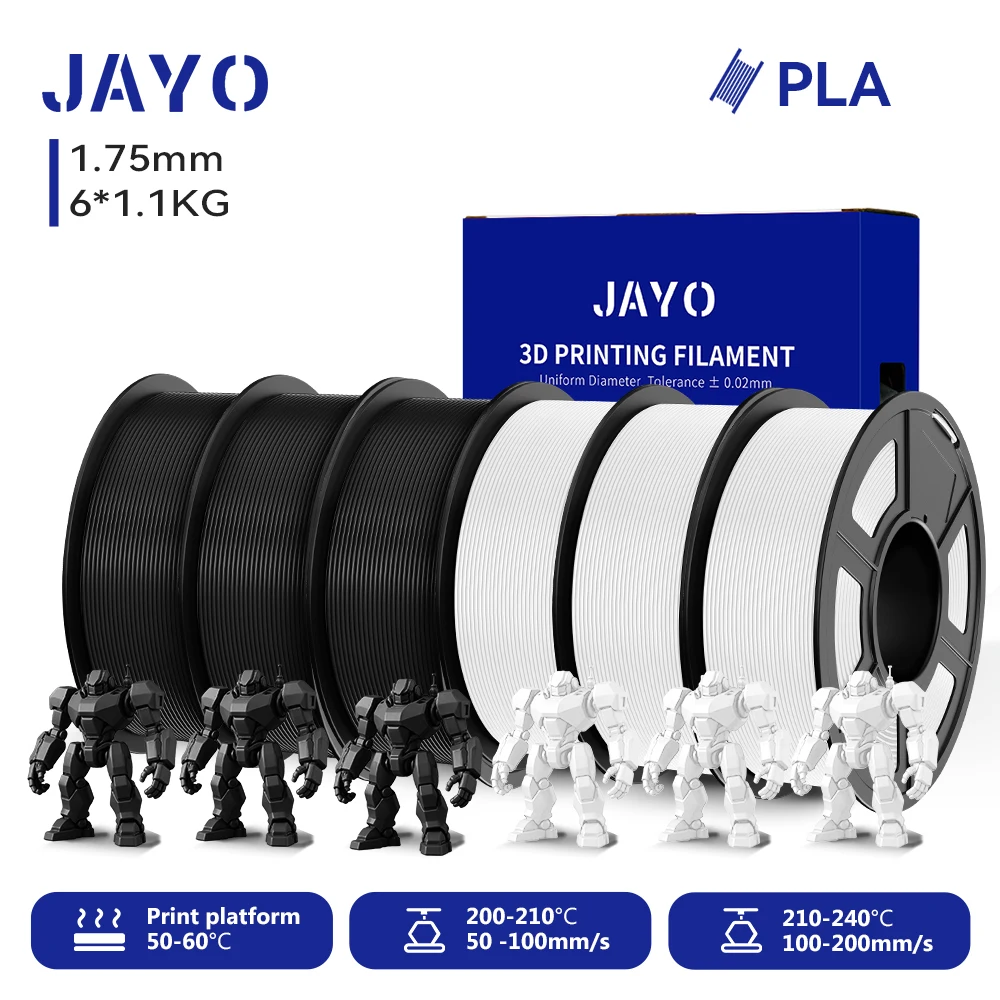 JAYO 6 Rollen 3D PLA Druckerfilament 1,75mm Ungiftig & Blasenfrei PLA-Kunststoff als 3D-Druckfilament für 99% der 3D FDM Drucker & Stifte