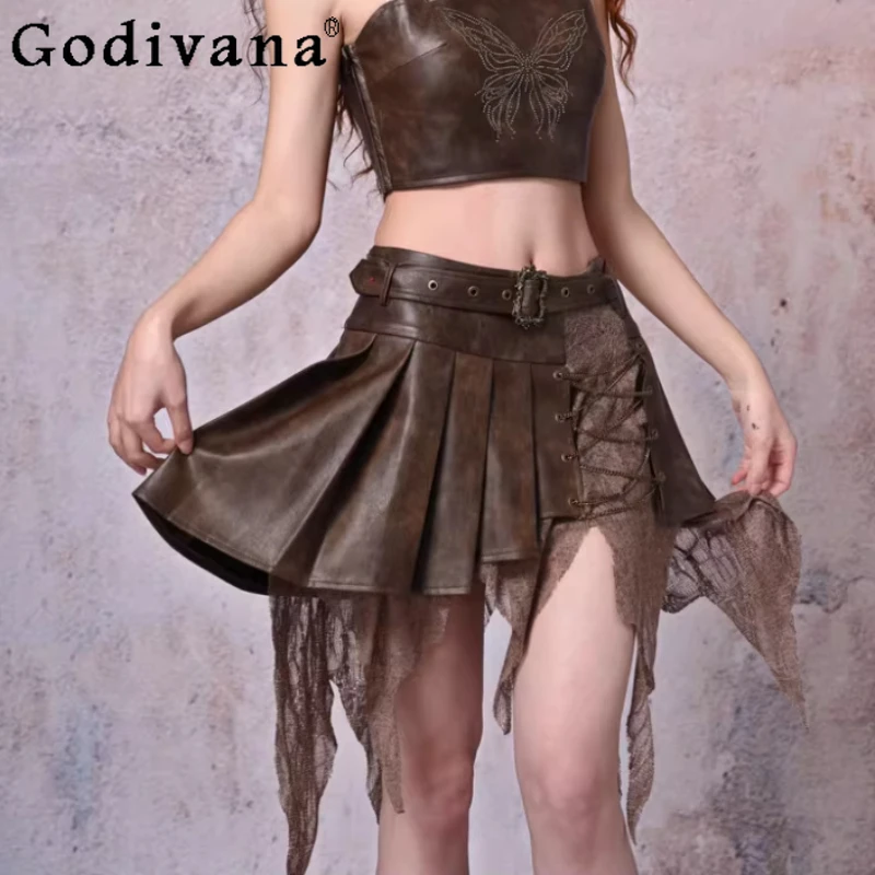Spring Summer New Fashion Retro Splicing Irregular Leather Pleated Skirt Street Women High Waist Do Old A-line Versatile Skirts