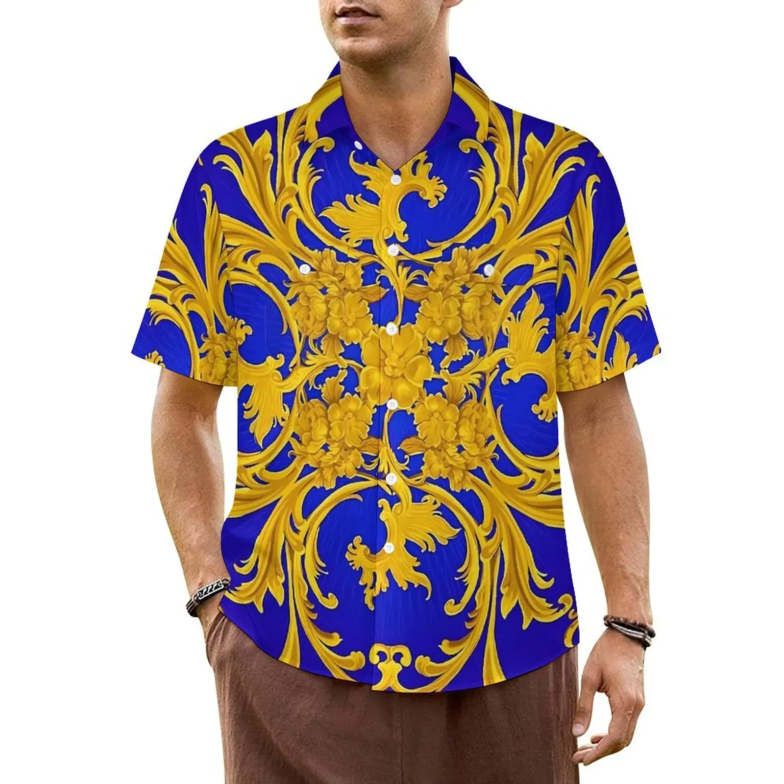 

Baroque Print Hawaiian Shirt For Man Vacation Blue Gold Casual Shirts Short Sleeve Street Style Graphic Loose Oversize Blouses