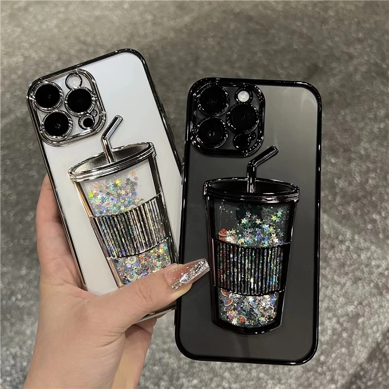 Glitter Liquid Quicksand Case Cup Cover for iPhone 13 14 15 Pro Max Shell Closed Camera Lens Protector Luxury Plating Soft Funda