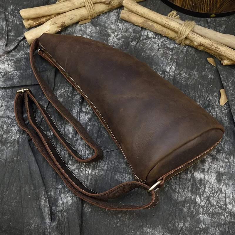 Unique Leather Chest Bag fashion ox horn chest pack crazy horse leather Single Shoulder Bags For Male Man Cowhide Sling Bag