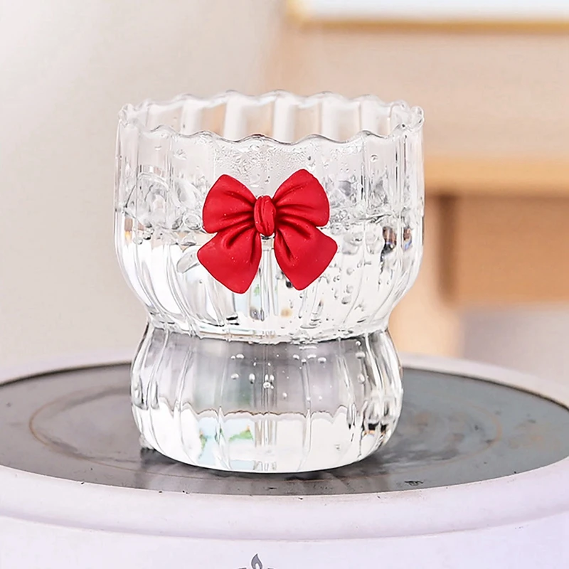 Transparent Glass Cup With Bowknot Ripple Drinkware Vintage Ribbed Glassware For Coffee Cocktail Juice Water Soda Tea