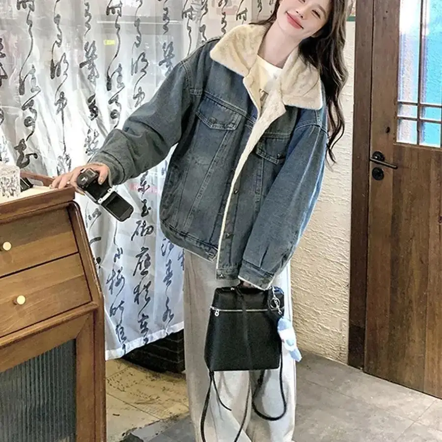 

Denim Coats For Girl Fur Plush Womens Autumn Elastic Regular Fit College Style Modern Professional Daily Office Comfort Jackets
