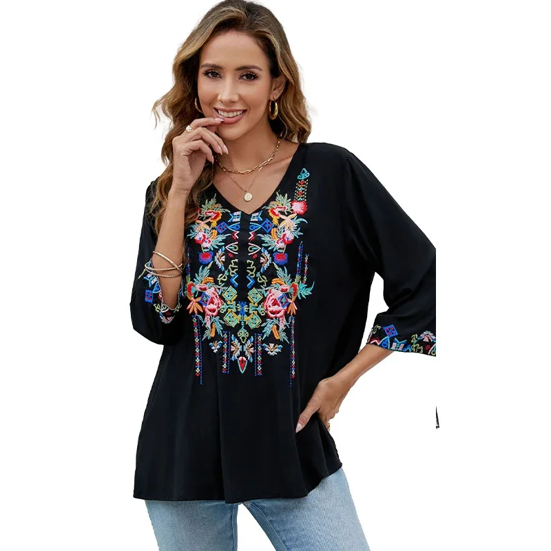 Eaeovni Embroidered Tops for Women 3/4 Sleeve Peasant Blouse Mexican Shirts V Neck Traditional Tunic Casual Tops