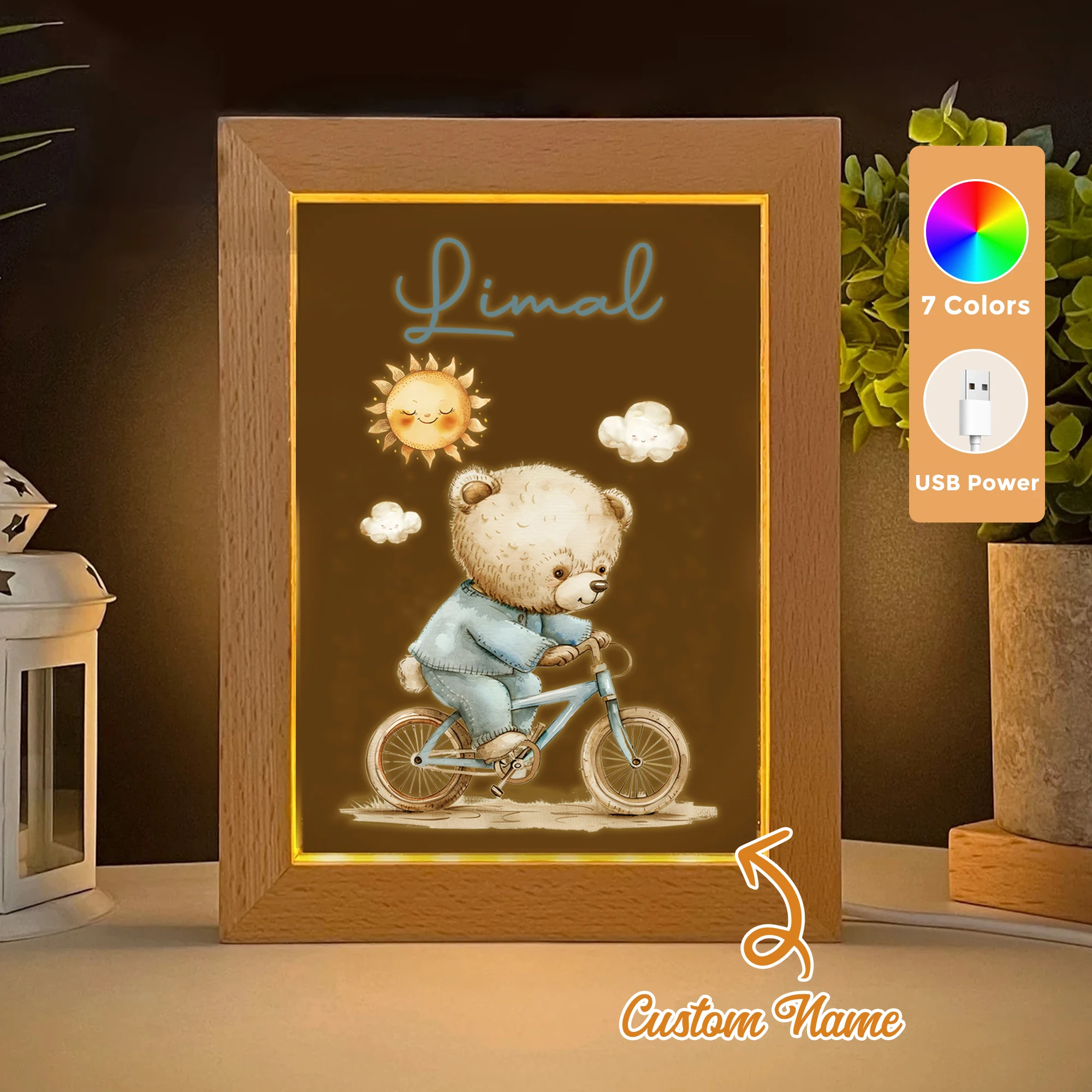 

2D Flat Custom Name Bear Sports LED Acrylic Night Light Wood Photo Frame 21x17cm Cartoon Children Bedroom Gifts Home Decor
