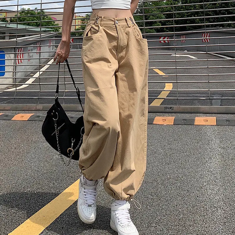 Summer Simplicity Loose Solid Color Cargo Pants Adjustable Drawstring Lantern Trousers Versatile Fashion Casual Women Clothes