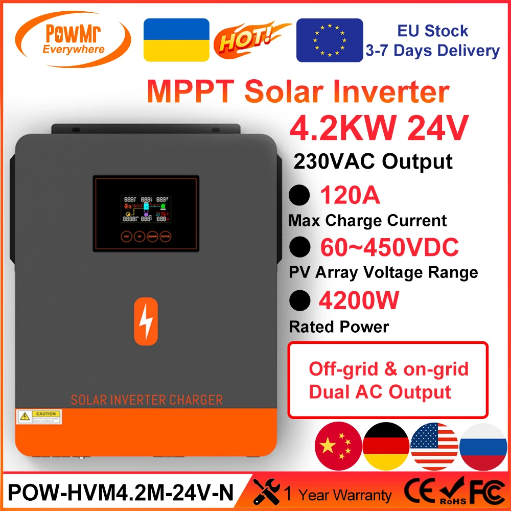 PowMr 4.2KVA/4.2KW Hybrid Solar Inverter 24V 220V Output Support Wifi Built-in MPPT 120A Charge Regulator for Lifepo4 Power Bank