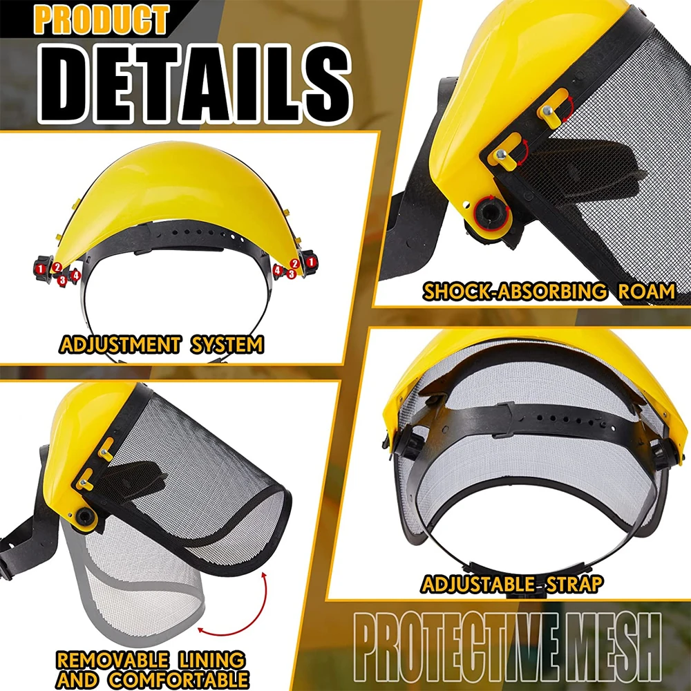 Safety Face Shield with Mesh Visor Protective Mask Full Face Chainsaw Helmet Hat for Trimmer Pole Pruner Weed Wacker Protection