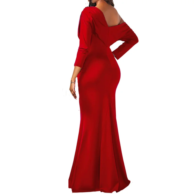 2023 New Elegant Banquet Women Summer Club Sexy One Shoulder Long Sleeve Casual Slim Split Long Party Dress Vestidos Cottagecore