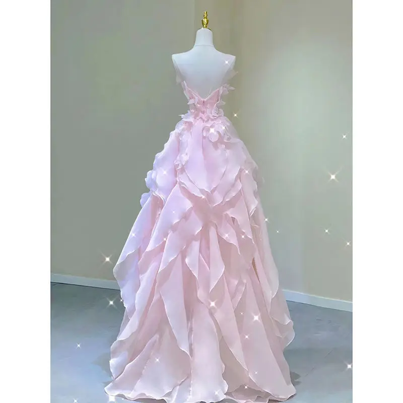 Temperament Pink Evening Dress Women Luxury Elegant Ruffles Fairy Birthday Prom Gown Exquisite Sleeveless Bride Banquet Vestido