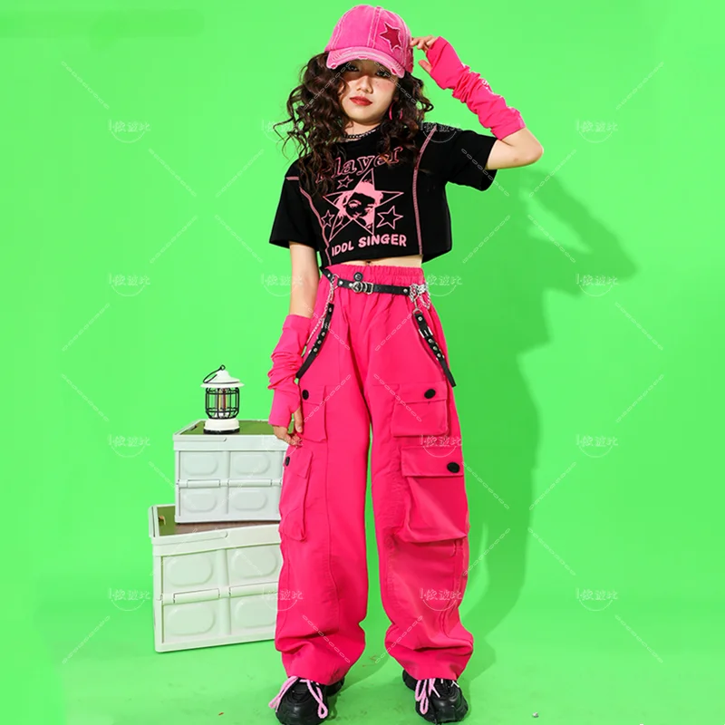 Girls Hip Hop Crop Top Lovely Cargo Pants Child Solid Shorts Streetwear Clothes Sets Kids Plaid Skirt Street Dance Jazz Costumes