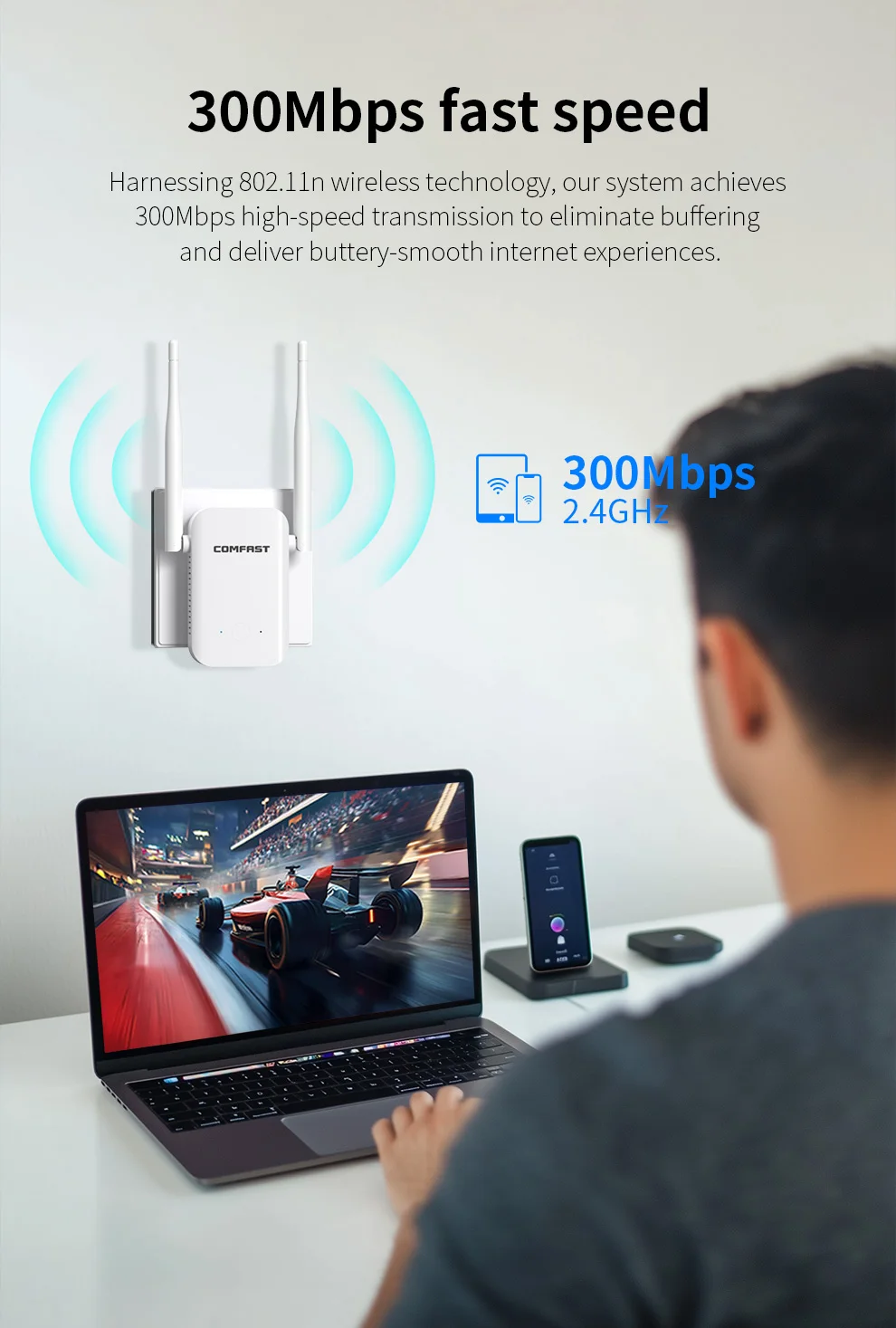 COMFAST 300Mbps WiFi Repeater Wireless Signal Extender 2.4G WiFi Signal Booster Amplifier Router 2 Antenna Long Range For Home