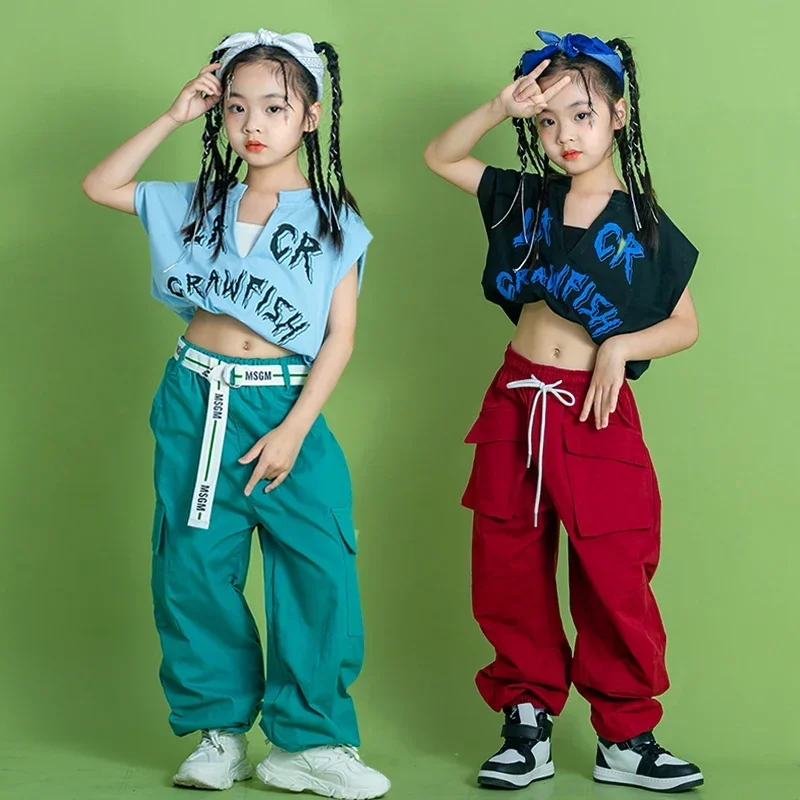 Traje de baile de hip-hop para niños, traje de baile de jazz con ombligo abierto, ropa de actuación de baile para niñas, moda urbana de explosión la