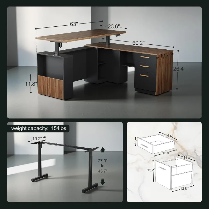 مكتب قائم مقاس 63 بوصة مع خزانة ملفات، لوحة خصوصية، تيار متردد/USB، سطح مكتب مقاس 1.18 بوصة، حامل كهربائي قابل للتعديل على شكل حرف L