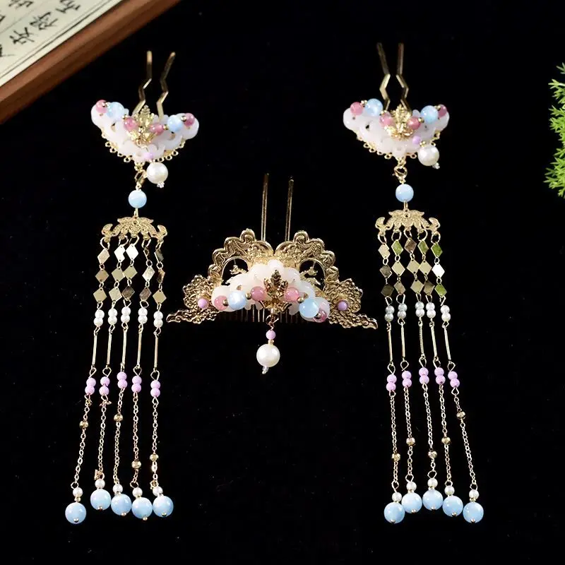 

Womens Headwear Imitation Jade Comb with Beaded Tassel Hairpin