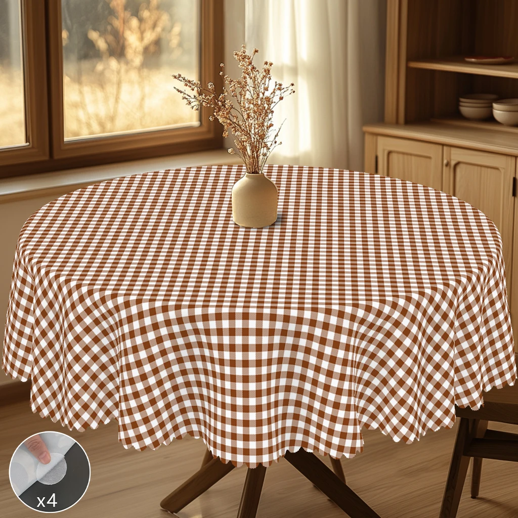 1 Piece of Vintage Plaid Printed Round and Rectangular Tablecloth, Available in Various Sizes, with Classic Brown and White Plaid Pattern and Soft Lines Interwoven, Featuring a Classic Checkerboard Texture, Printed Tablecloth with Classic Brown and White Contrasting Elements, Embossed Edges, Suitable for Home Dining Tables, Balcony Leisure Use, Spring Atmosphere Decoration, and Daily Home Decor
