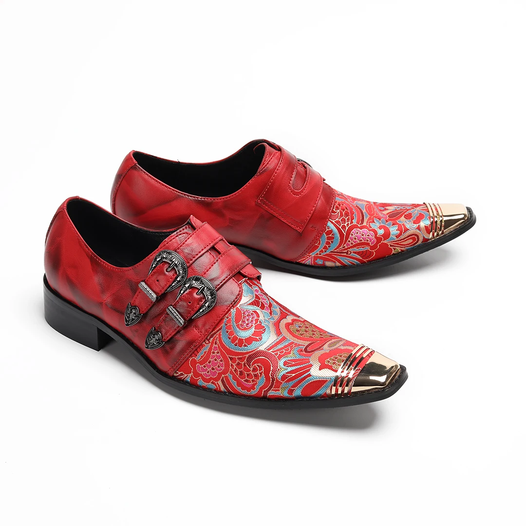 

Designer Floral Pointed Toe Real Leather Men Oxford Shoes Large Size Wedding Party Formal Dress Shoes Buckle Strap Brogue Shoes