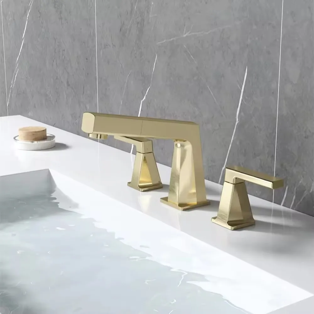 

Luxury Brass Bathroom Sink faucet Three Holes Two Handles Lavabo Faucet High Quality Hot cold washbasin faucet,Brushed Gold