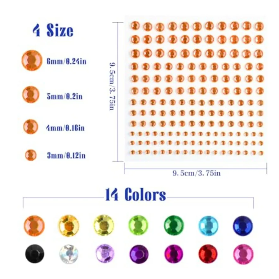 2310 PCS Self Adhesive Rhinestone Gem Stickers for Face Nail Body Makeup Festival, 4 Size 14 Sheets Bling Jewels Stickers Earri