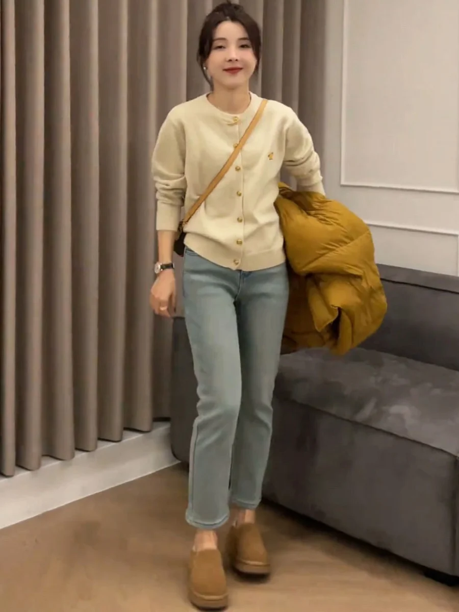 하이웨이스트 스트레이트 레그 데님 진 여성용 봄 가을 신상 플러스 사이즈 신축성 슬림핏 9부 바지