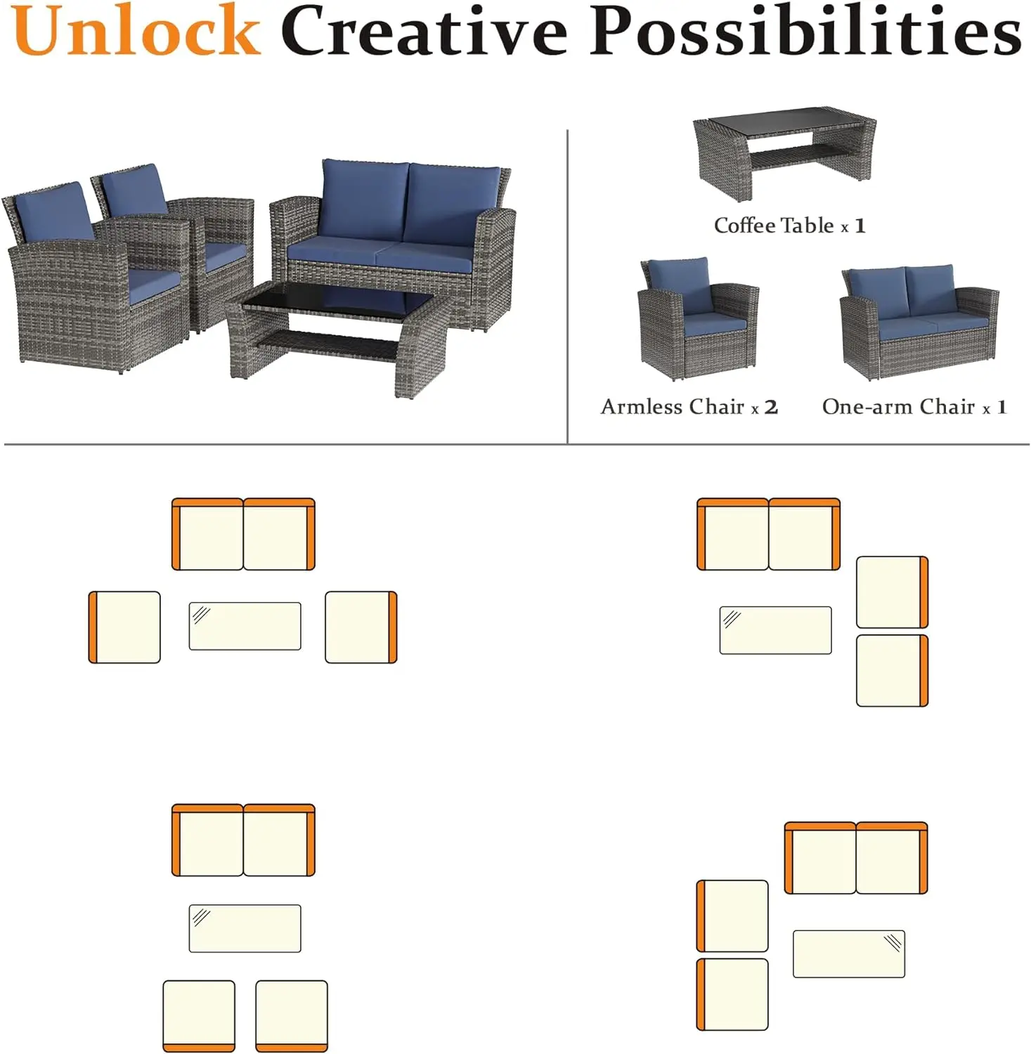 Conjunto de muebles de mimbre para exteriores, sofá seccional con mesa de centro y cojines de vidrio templado, juego de Patio de mimbre, 4 piezas