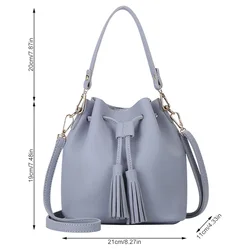 Bucket Bag Faux Leather Tassel Drawstring Crossbody Pouch Women Solid Color Shoulder Bag Handbag, Gray