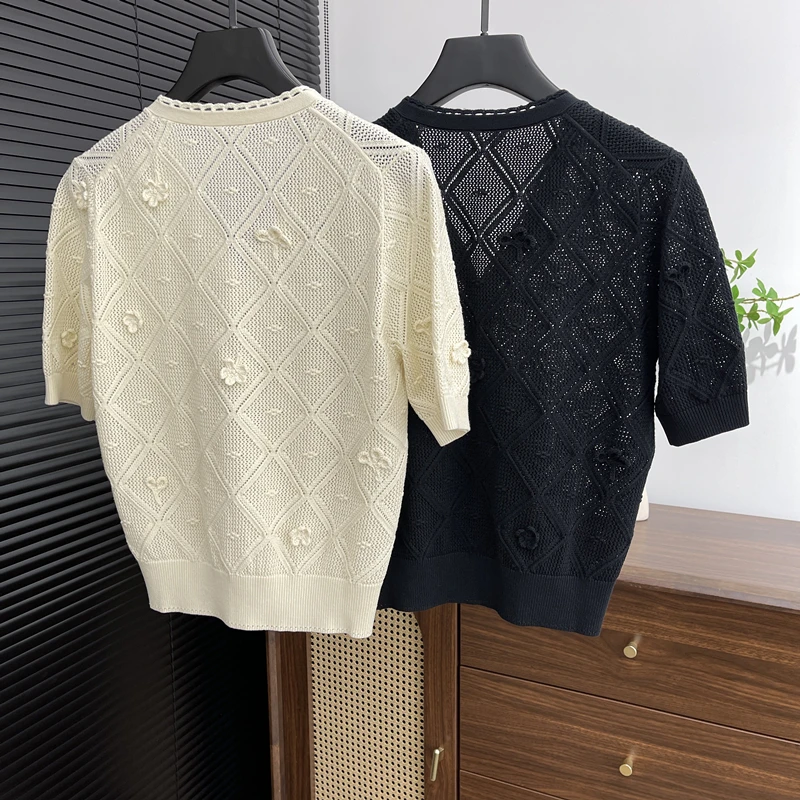 

25 Summer New Women's Cardigan V-neck Single-breasted Short-sleeved Flower Hollow Cotton Knitted Top