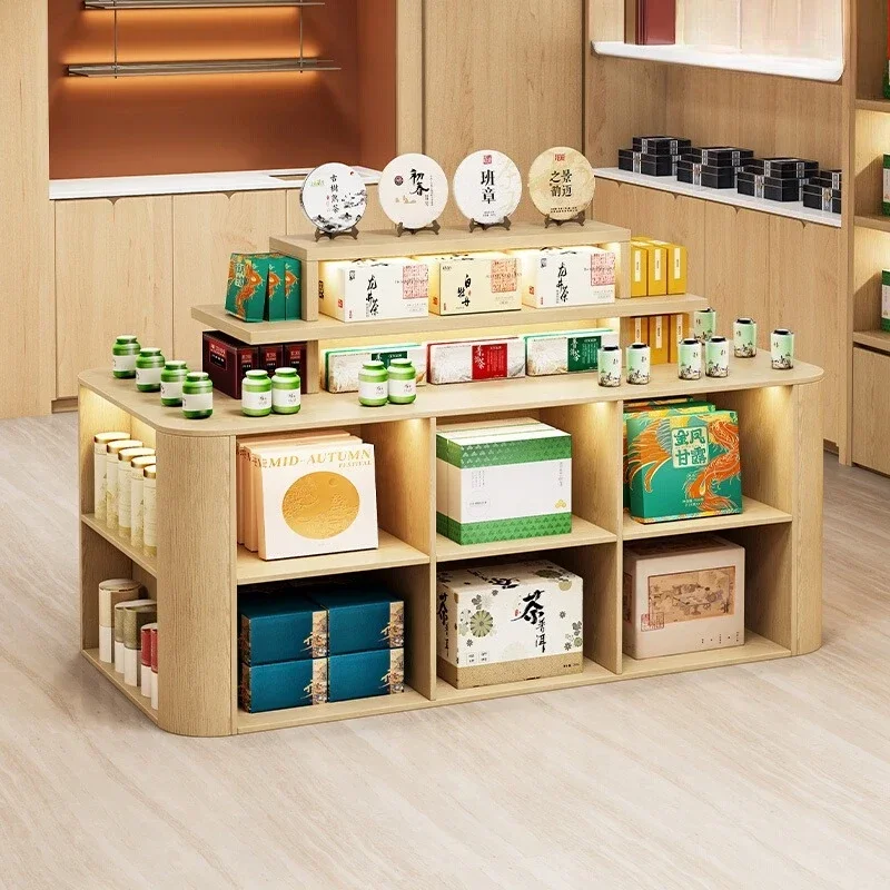 Solid wood double-sided arc Zhongdao display stand Tea shop Product display table Travel gifts Specialty table Display cabinet