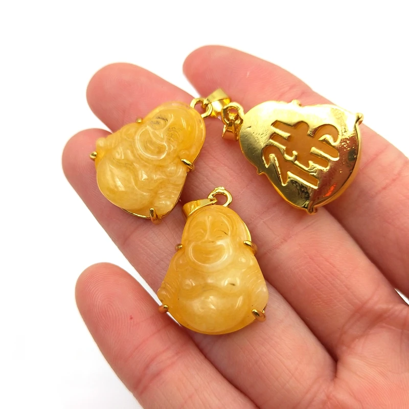 Natural Yellow Jade Buddha Pendant, Chinese Word Design, Smile Buddha Maitreya Amulet for Men Women Healing Protection Jewelry