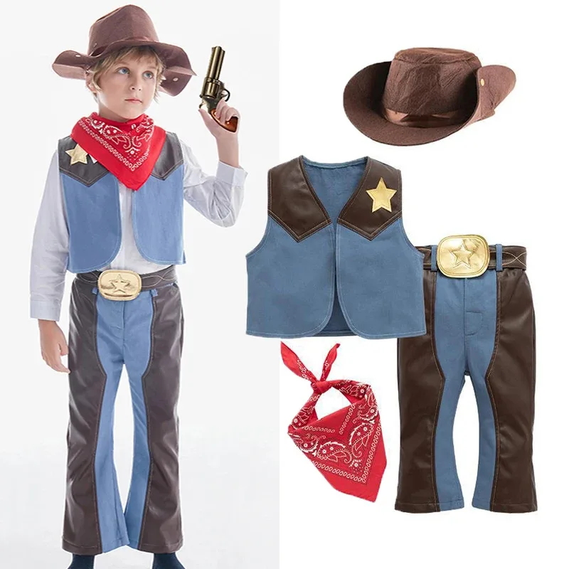 Umorden Leather Style West Cowboy Costume for Boys Child Kids Toddler Halloween Purim Fantasia Disguise Cosplay Vest Pants Set