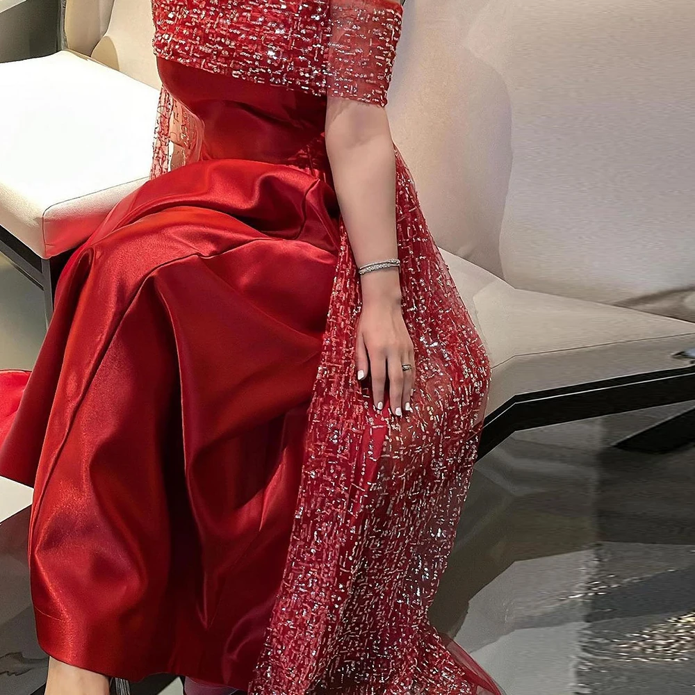 Customized Satin A-Line Off the Shoulder Crystal Evening Dress Boat Neck Floor Length Half Sleeves Watteau Train Burgundy