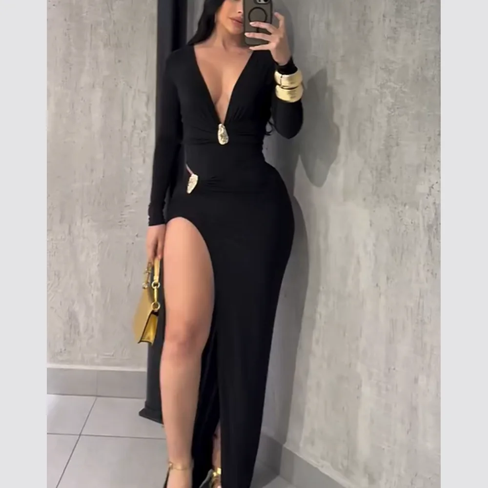

Women's Deep V Long-Sleeve Maxi Dress High-Slit Bodycon Gown with Gold Accents Elegant Formal Evening Party Cocktail Dress
