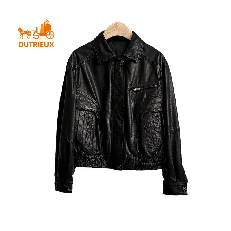 Autumn and Winter Women\'s Real Leather Motorcycle Jacket Small Size Loose Fashion Retro Black Leather Short Coat Jacket Commuter